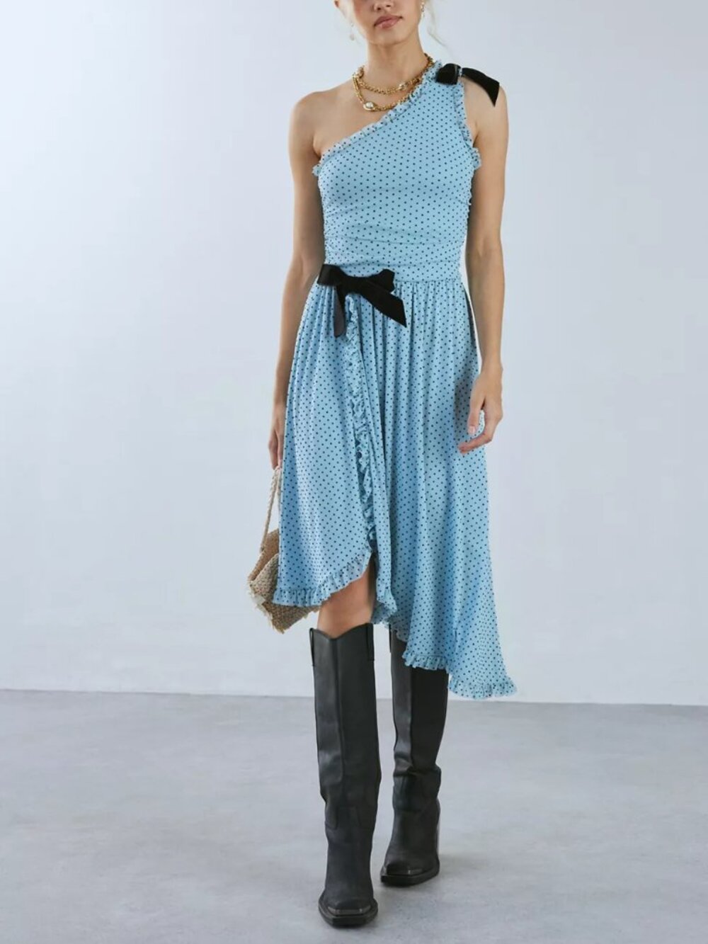 Urban Outfitters NWT Size Large Virginia One Shoulder Bow Detail Midi Dress